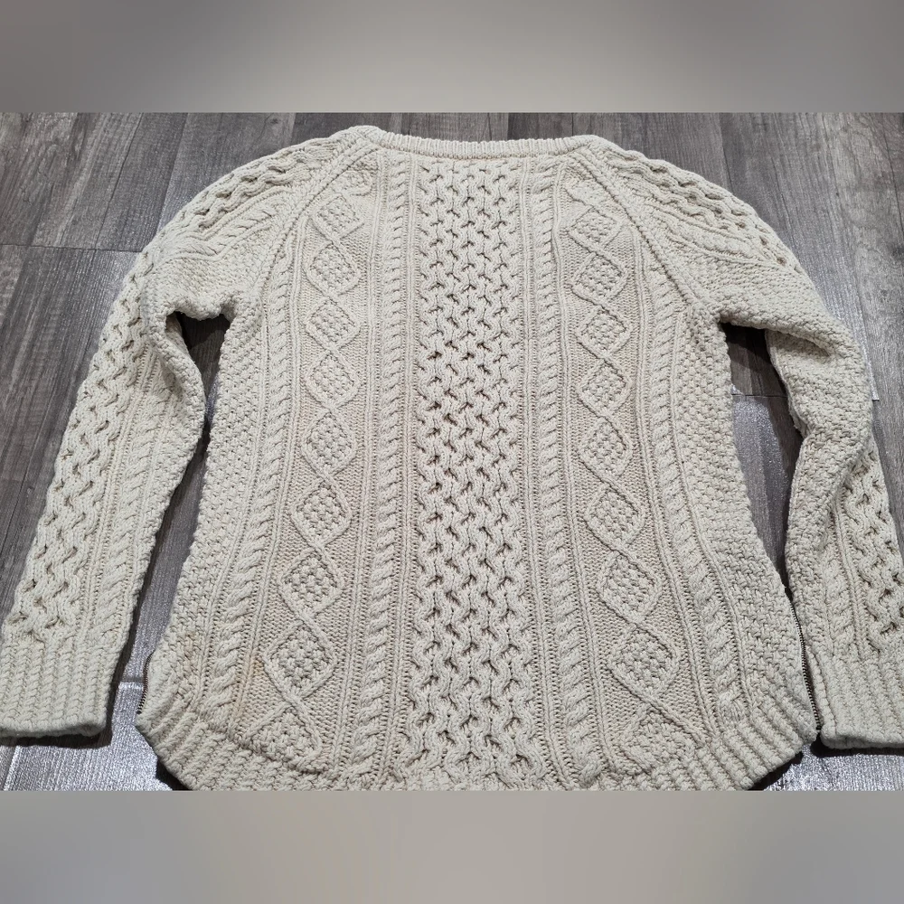 LL BEAN SIGNATURE FISHERMEN Cream Cable Knit Sweater Coastal Nautical Wool